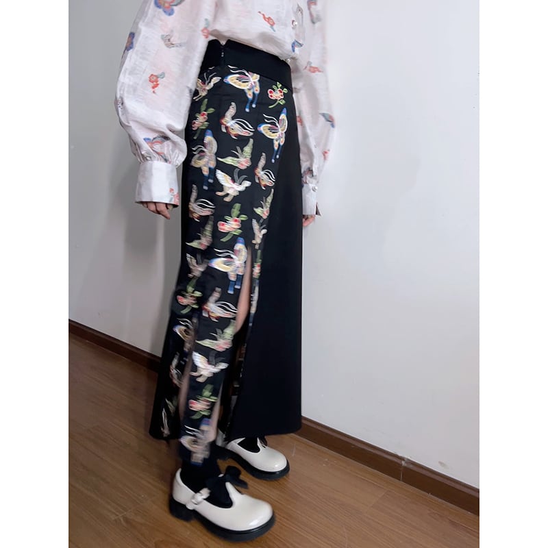 [True fish series] ★China style skirt★ Bottoms slit print butterfly switching unique black black