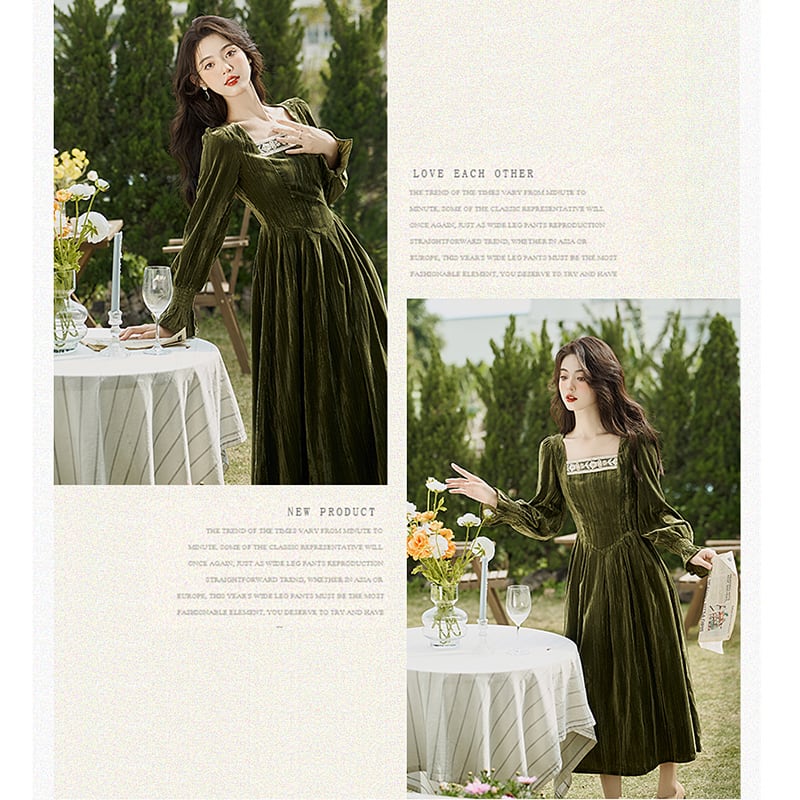 [Kasa Castle Series] ★One Piece★ Velvet Retro Green Green SML XL Party Wedding Date