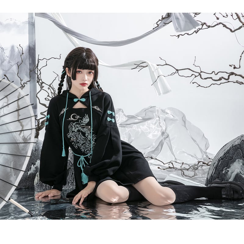 [Ochaya Series]★China style dress★ 2color black or white embroidery parka dress Chinese button cute