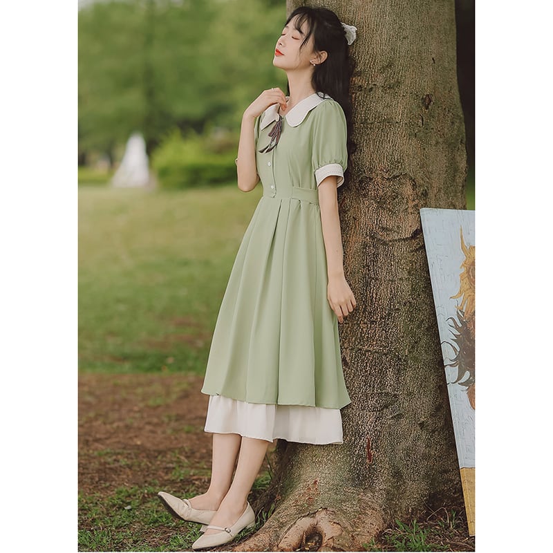 [Shogunsho Series] ★One Piece★ 2color Short Sleeve Literary Style Cute Date Green Purple Cute