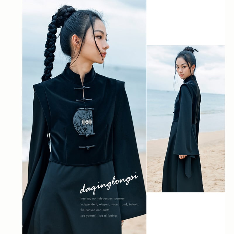 [Da Qinglong Shu Series] ★Chinese style dress★ Fake layered Chinese clothing slimming black black original