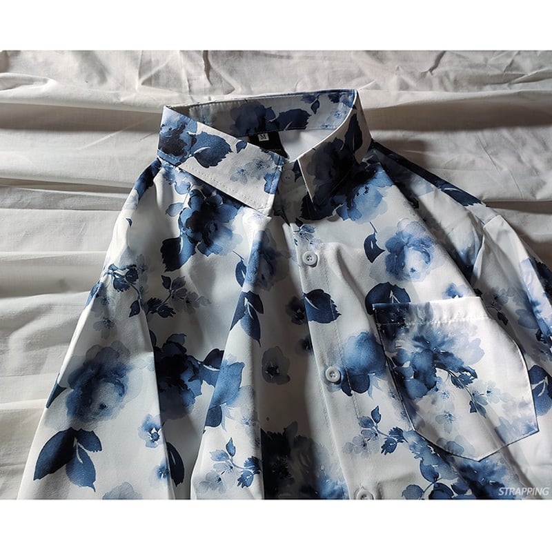 [STRAPPING Series]★Shirt★ 2color Tops Print Unisex Men's Spring Clothes Autumn Clothes Thin Floral Pattern Blue White