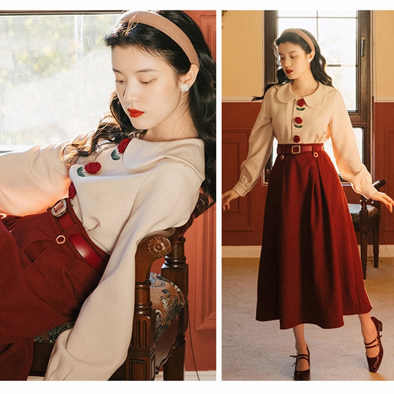 [Tatsuze Chenis Series]★Setup★ 2-piece set Shirt + Skirt Designed Retro Red SML