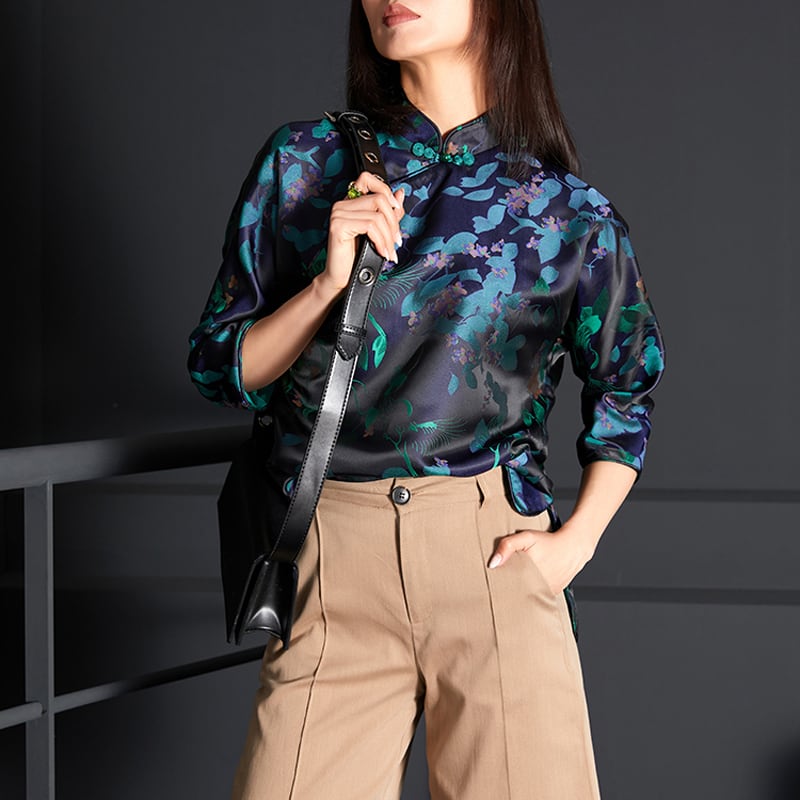 [Furo FRONT Series] ★Chinese style tops★ Shirt Original Floral pattern tops Improves temperament Blue Blue SML