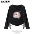 Gallery viewerに画像を読み込む, 【LHSENシリーズ】★トップス★ Tシャツ ショート丈 デザイン性有り 着痩せ ネコ ねこ 猫 ブラック 黒い
