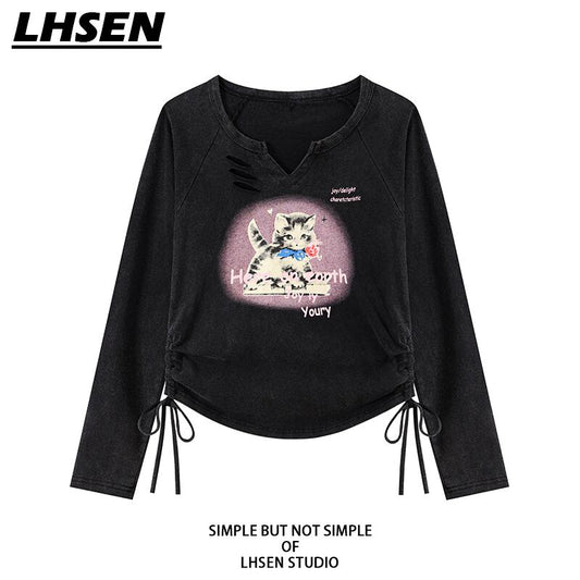 【LHSENシリーズ】★トップス★ Tシャツ ショート丈 デザイン性有り 着痩せ ネコ ねこ 猫 ブラック 黒い