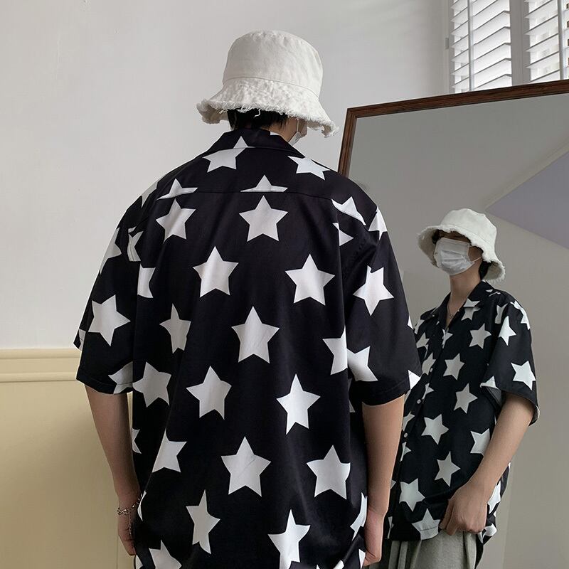 [Illustrated Series]★Shirt★ 2color Tops Star Print Fashion Unisex Men's Summer Clothes Cute Short Sleeve