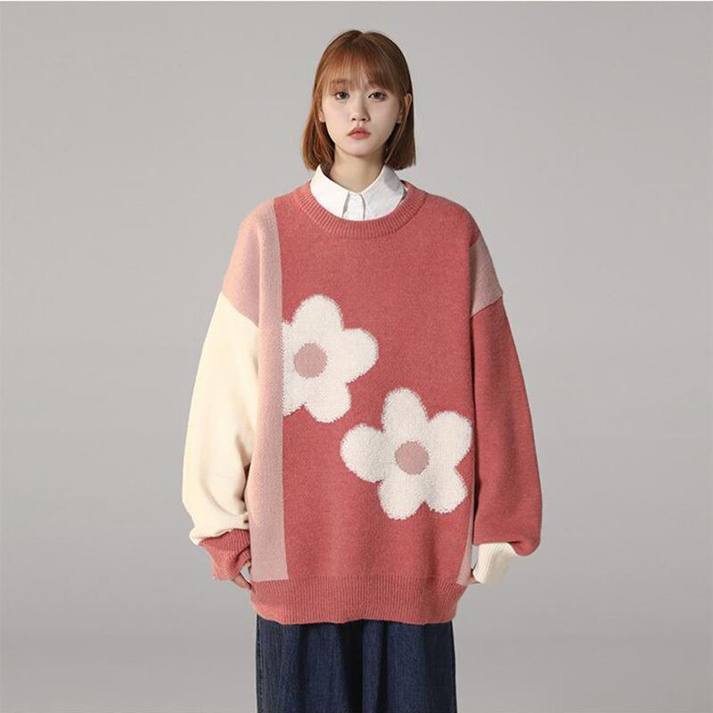 [Ushiomiomi Series] ★Sweater★ 3color knit tops Unisex Men's Floral pattern cute Green Blue Pink