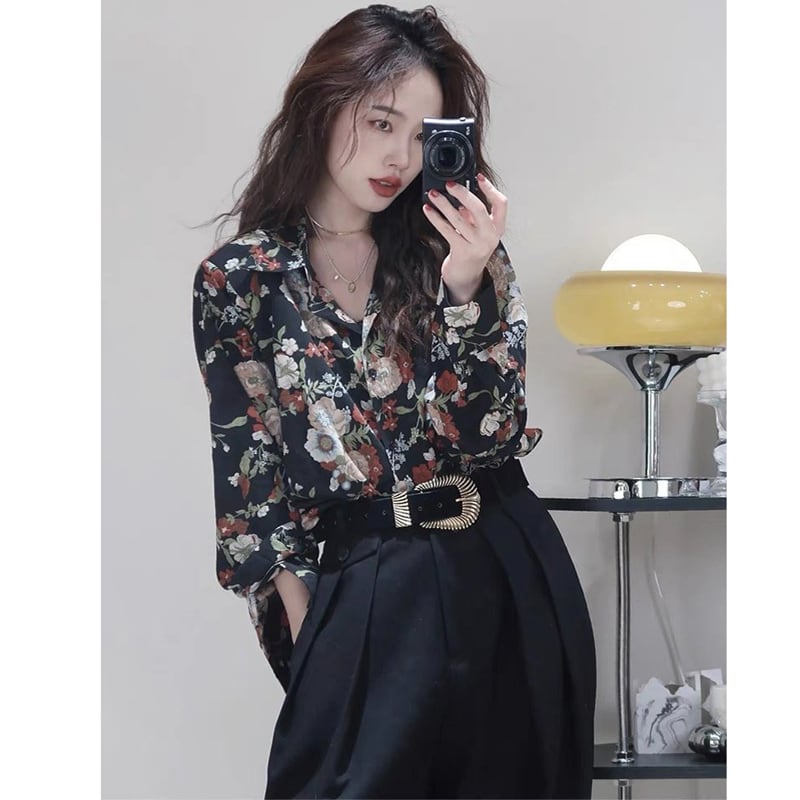 [YOUZI series] ★Floral pattern shirt★ Tops Printed long sleeve shirt Retro SML XL 2XL Thin Spring/summer Easy to match