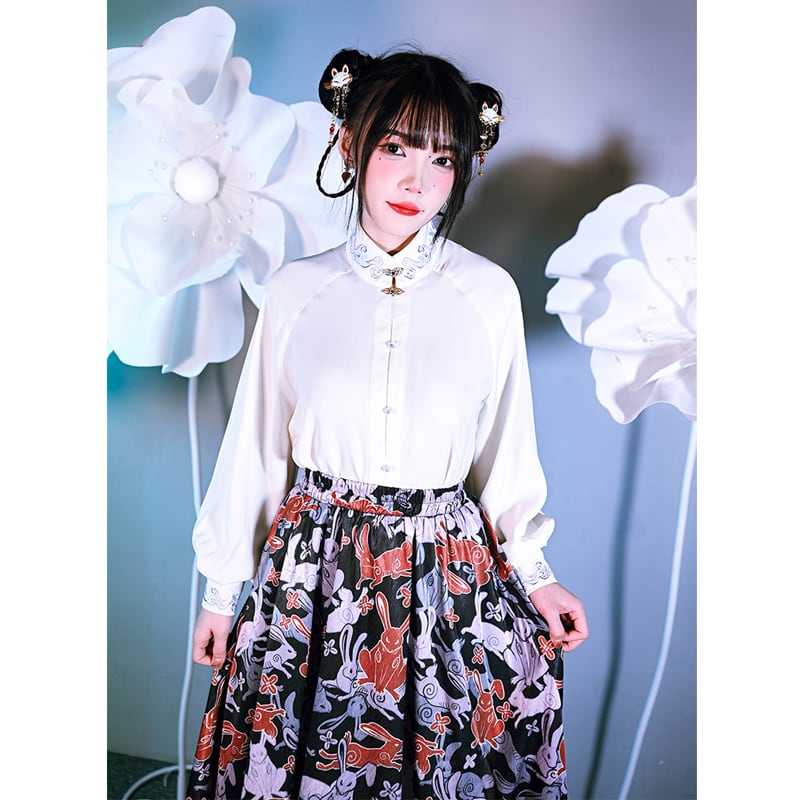 [Old Monster---Rabbit Series]★China-style shirt★ Tops 2color Original Rabbit Embroidery Cute White Black