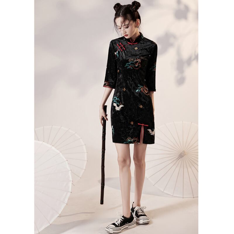 [YUEQIAO Series]★Cheongsam dress★Short length crane velvet Chinese style dress slimming