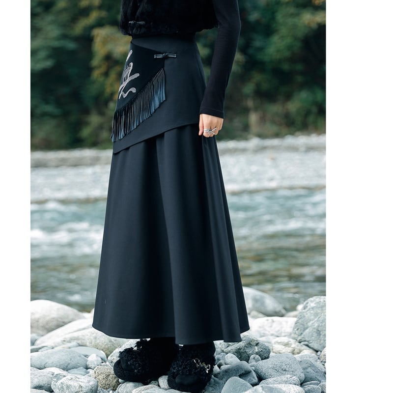 [Big Blue Dragon Series] ★China style skirt★ Bottoms fake layered black black slimming design.