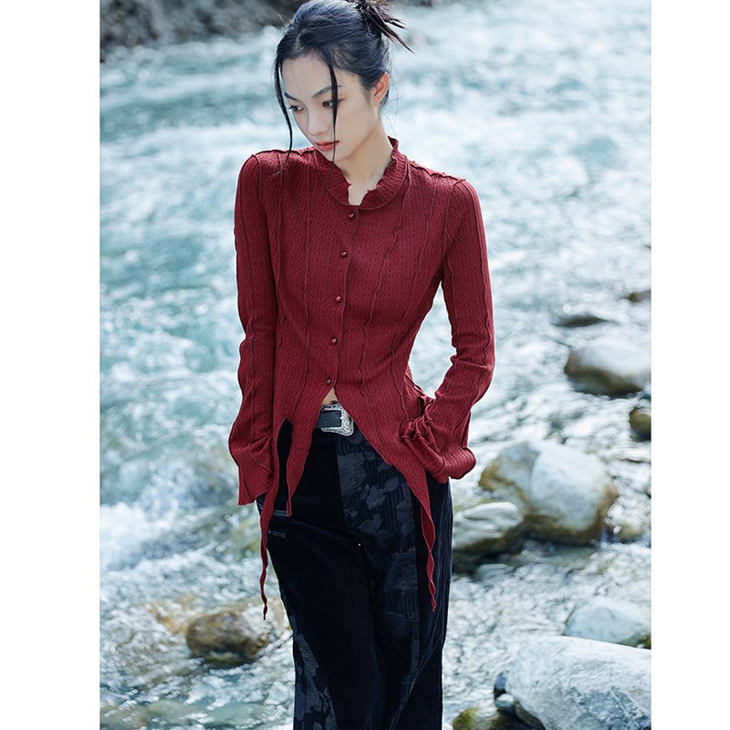 [Big Blue Dragon Series] ★China style tops★ Shirt, irregular, slimming, easy to match, wine red, red