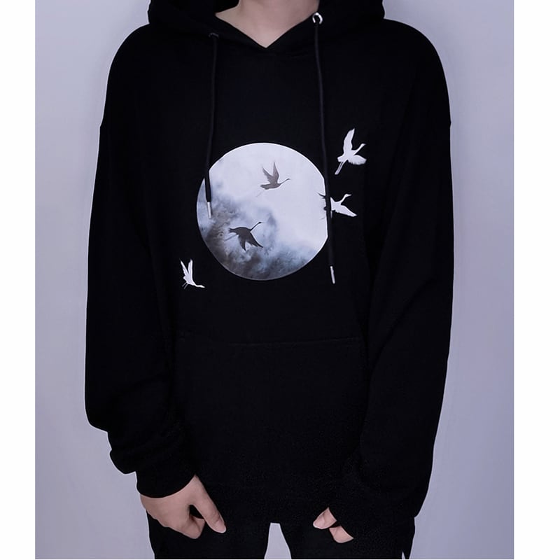 [Kuraho Koya Series] ★China style hoodie★ 2color black or white tops unisex crane with hat ML XL 2XL