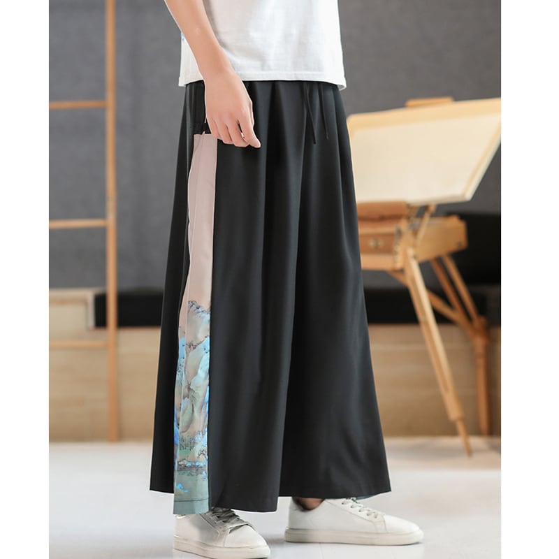 [Kusa Ink Series] ★Chinese-style pants★ Black Men's wide pants Large size Switching