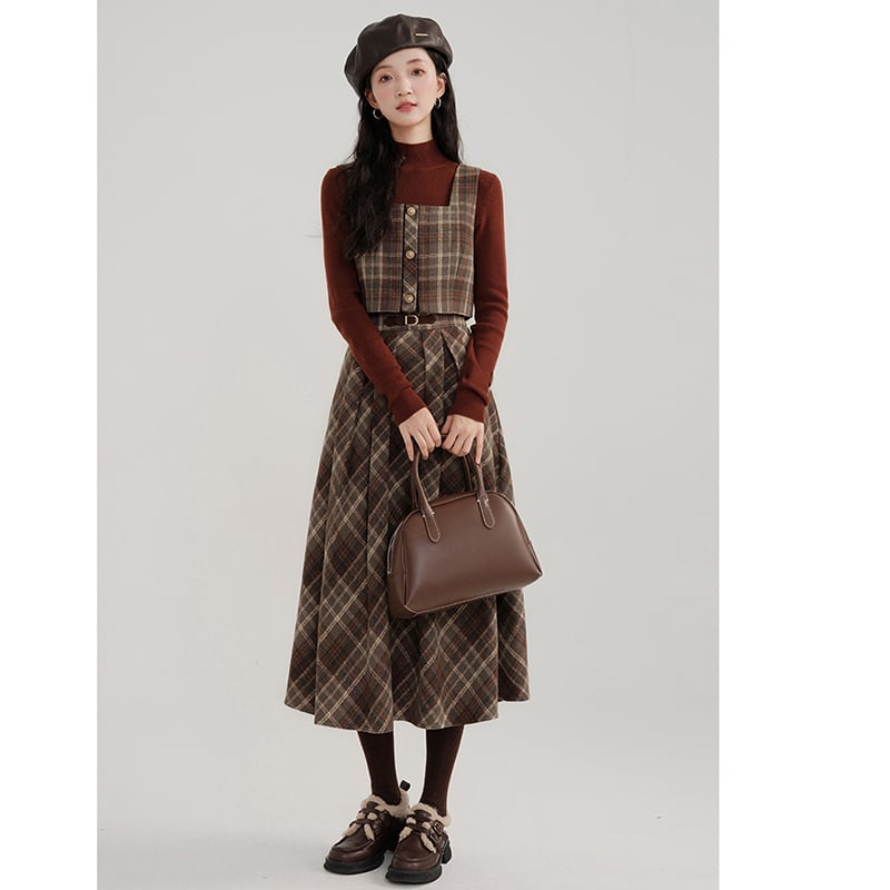 [Kiyi series]★Setup★Checked pattern vest + checked pattern skirt Retro cute Daterasha