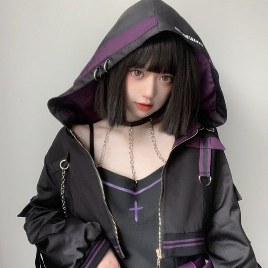 [Momoko Sakura Series] ★Jacket★ Outer mini length cute hooded black black easy to match