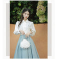 Load image into Gallery viewer, [Tatsuko Chenis Series]★Setup★ 2-piece set shirt + skirt retro embroidery date white blue
