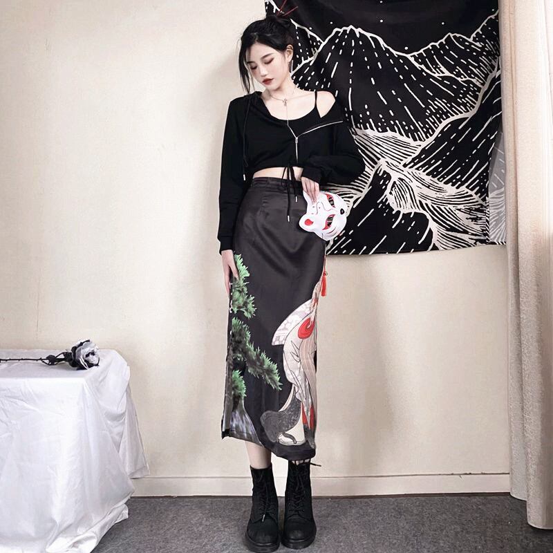 [Miyakoya Series]★China style skirt★Bottoms Kanji pattern Black Black human pattern print Slimming and easy to match