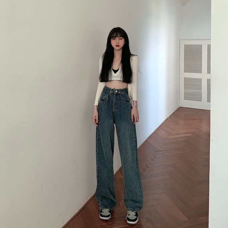 [Minatojichojinkan Series] ★Denim pants★ 2color High waist Easy to match SML Blue Black Black Blue Retro