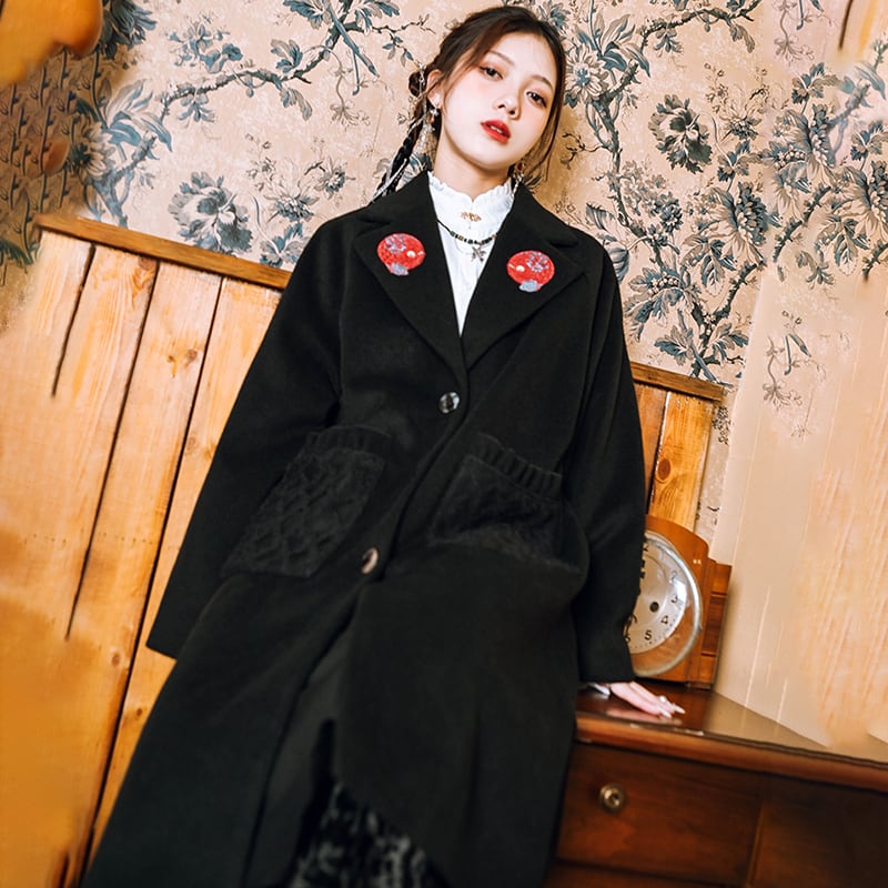 [Ancient ghost house---Shanhai-kei series] ★China style coat★ Lasha embroidery, long length, thick, black, black, easy to match