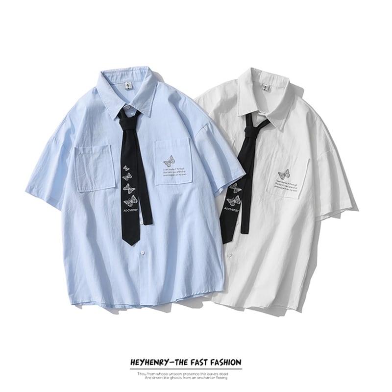 [SEVENSUP Series]★Shirt with tie★ 2color tops short sleeve shirt unisex men's butterfly blue white