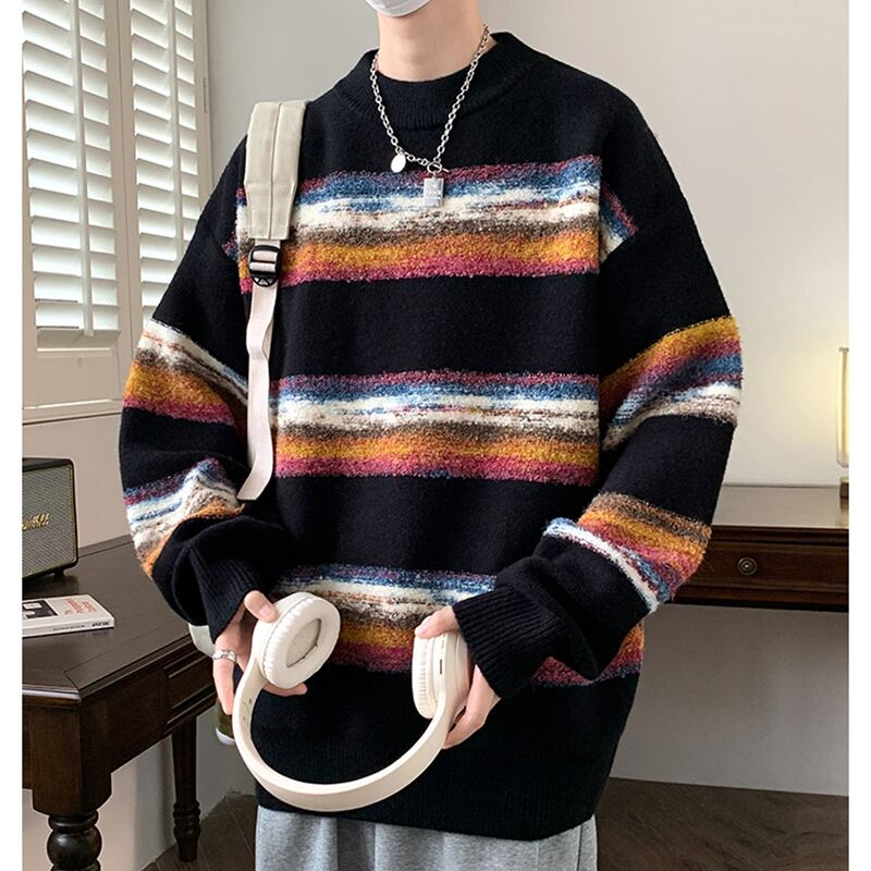 [ZUOFEILI Series] ★Sweater★ 2color Knit Tops Oil Painting Style Horizontal Stripes Striped Pattern Color Unisex Men's