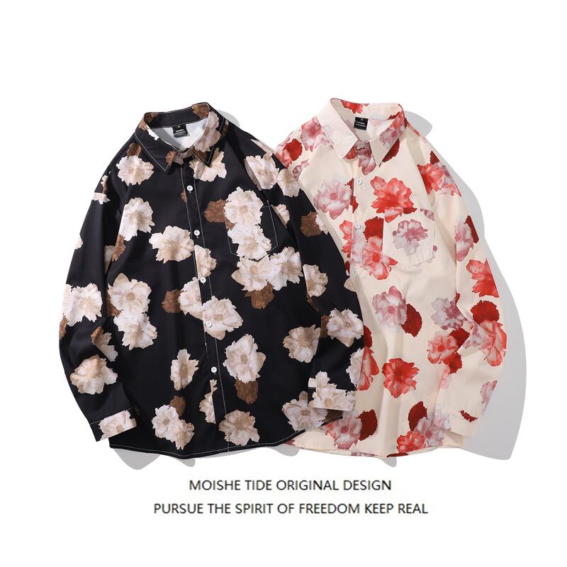 [MOISHE TIDE Series] ★Retro Shirt★ 2 Color Tops Printed Floral Shirt Unisex Men's Beige Black