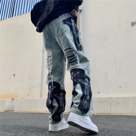 [OOTDstudio Series]★Denim Pants★ Bottoms Unisex Men's Large Size Distressed Fashion