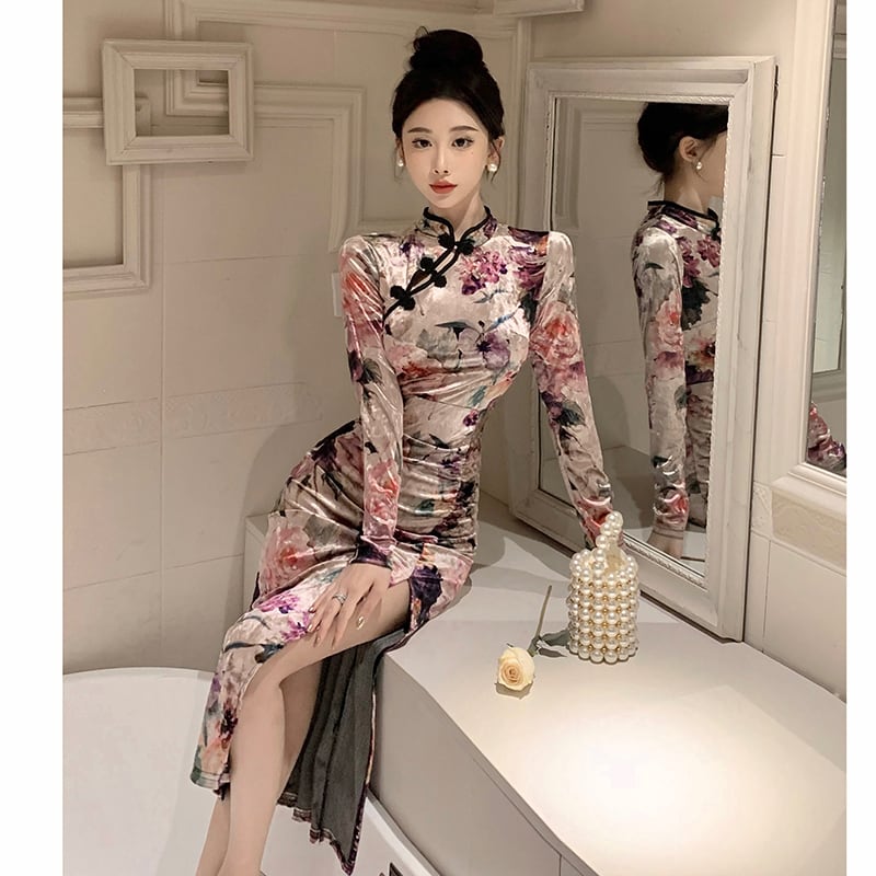 [Hundred Minute Eight Series] ★Floral pattern cheongsam★ Velvet, slimming, sexy, SML, easy to match, improves your temperament