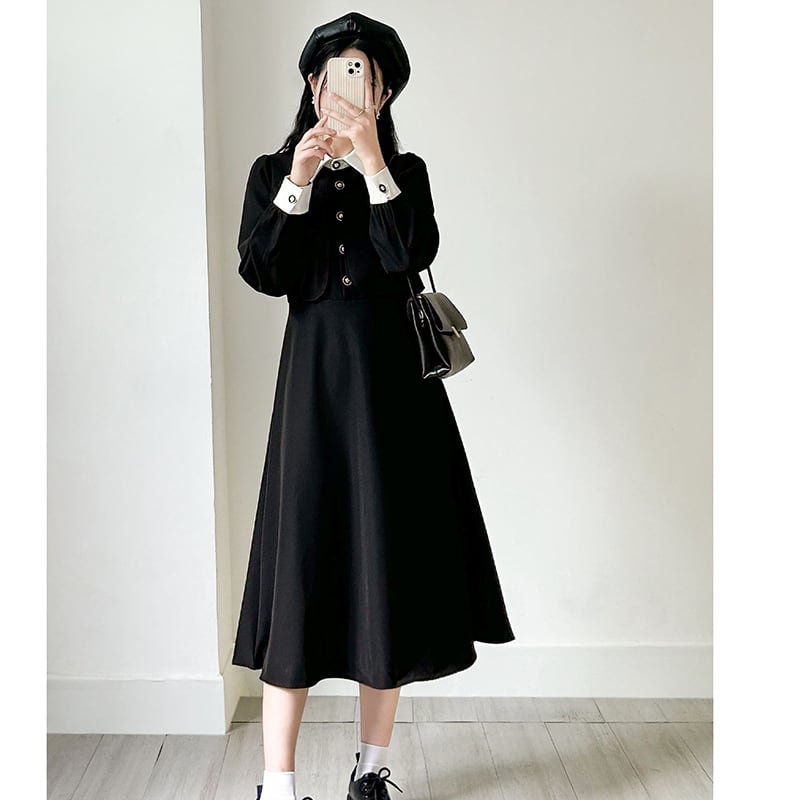 [LANXIAOMU Series] ★One Piece★ Switching Temperament Enhancement Long Sleeve Dress Long Sleeve Faux Layered Black