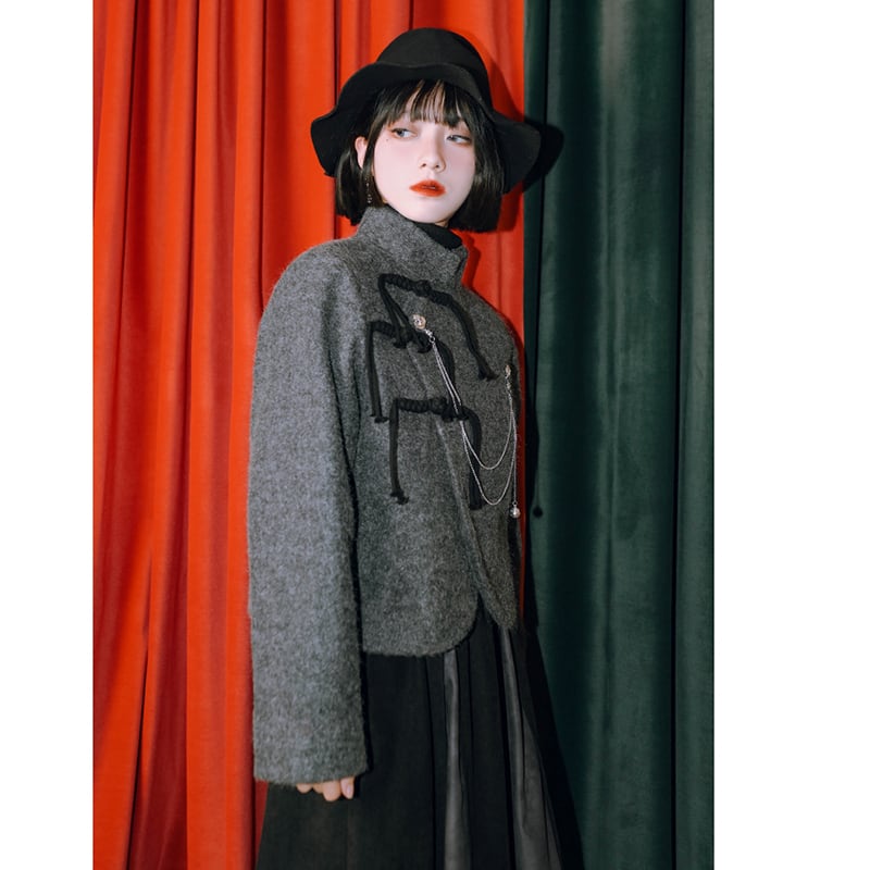 [Kokaisha---Ochienura Series] ★China style coat★ Lasha Quilted Winter Coat Short Length Gray