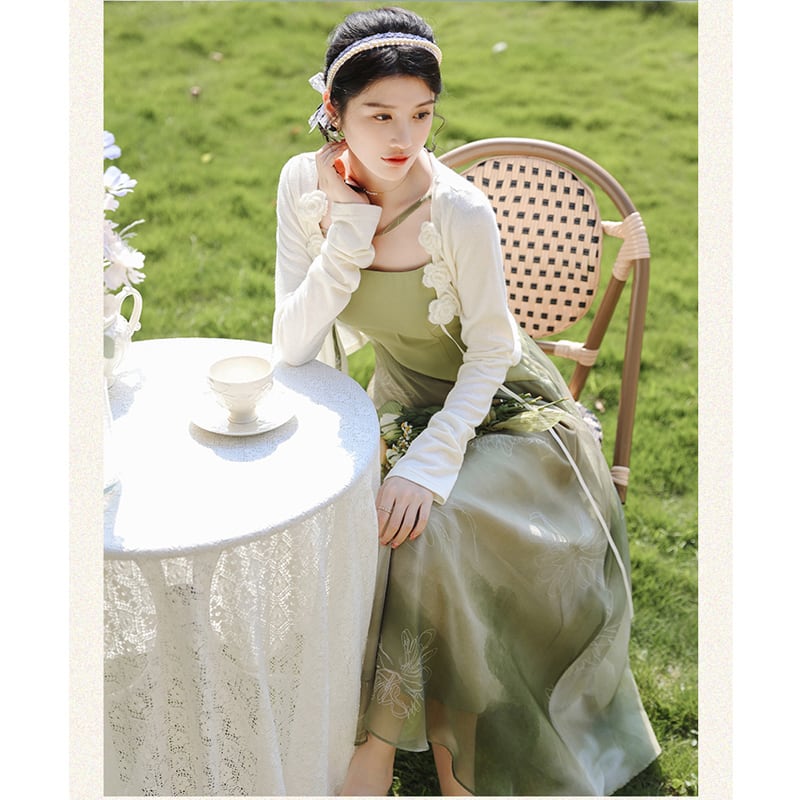 [Az Suna Series]★Setup★ Thin outerwear + hanging dress, Republic style, Green, Improves temperament, Wedding