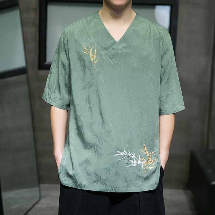 [JIARONG Series]★China style T-shirt★ Embroidery tops 3color Unisex Men's Large size Thin V-neck