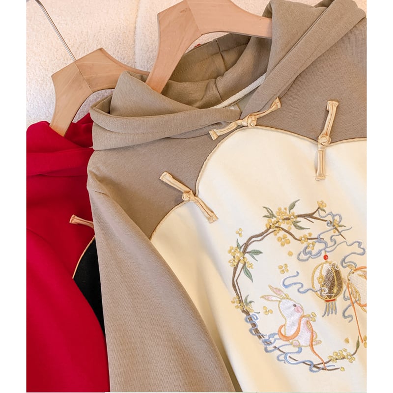 [Silk Series] ★Chinese style hoodie★ Fleece lining 2color hoodie dress Chinese clothing embroidery large size