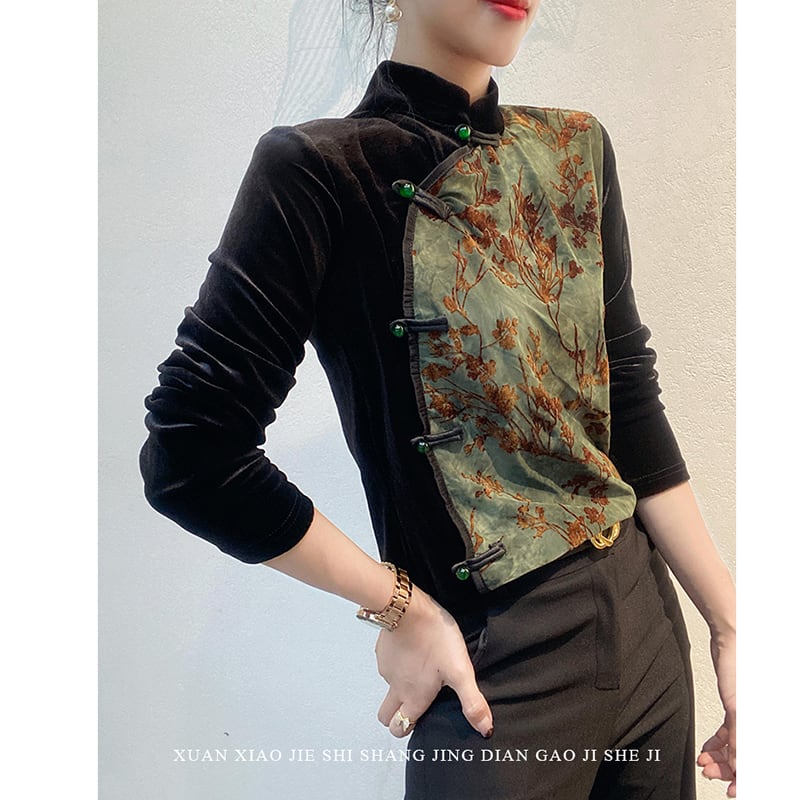 [XUAN series]★China style shirt★ 2color Chinese style tops velvet floral pattern switching large size