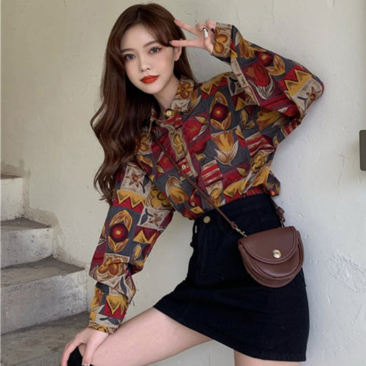 [YOUZI Series]★Retro Shirt★ Tops Printed Long Sleeve Shirt Floral Pattern Oil Painting Style Commuting Date Cute Thin