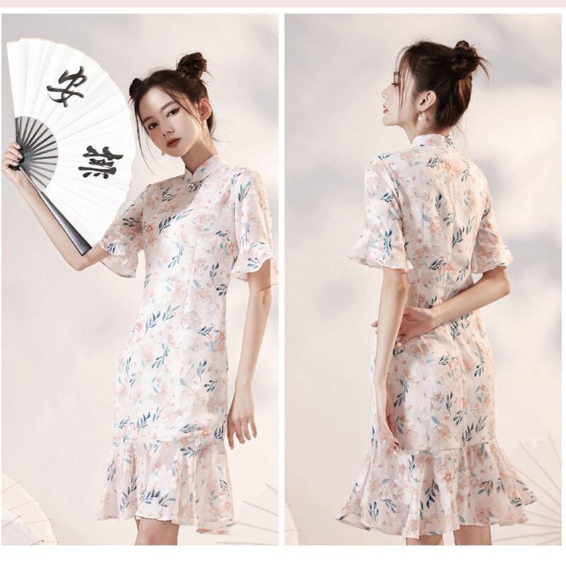 [YUEQIAO Series]★Cheongsam dress★Short length mermaid line Chinese style dress Chiffon Light pink