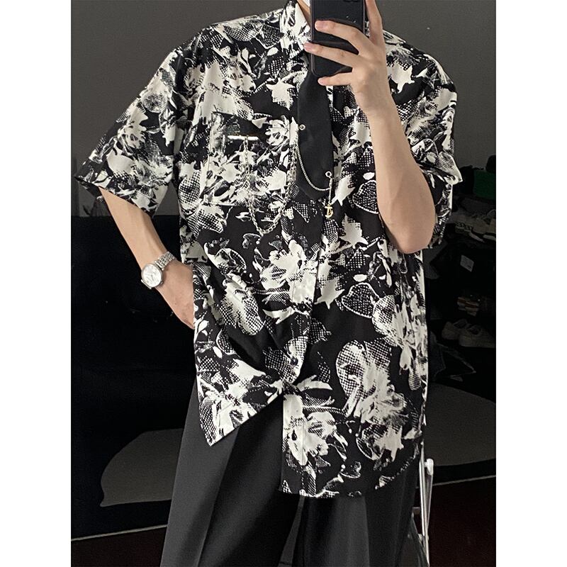 [MDYCD Series]★Shirt with Tie★ 2color Floral Print Shirt Tops Short Sleeve Shirt Unisex Men's Black White