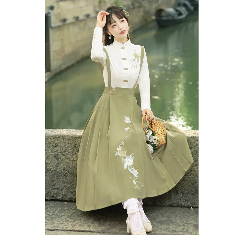 [Kaede bamboo---green series] ★Chinese style setup★ 2-piece set, shirt + hanging skirt, Chinese clothes, date, commuting