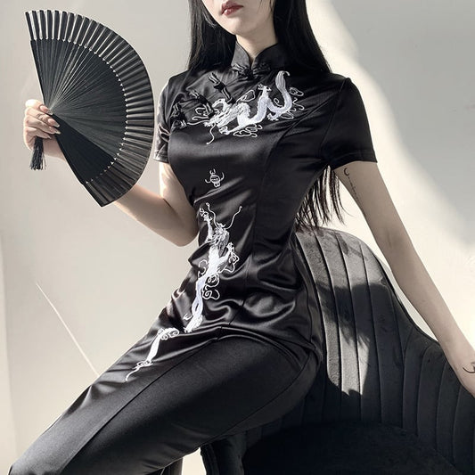 [DARK ANGEL Series]★China Dress★ One Piece Chinese Clothes Performance Clothes Embroidered Long Length SML Black Black