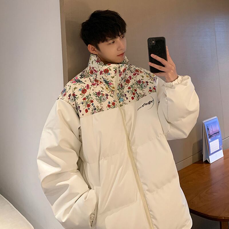 [High Series] ★Winter Coat★ 2color Thick Warm Unisex Men's Floral Pattern Outerwear Switching White Black