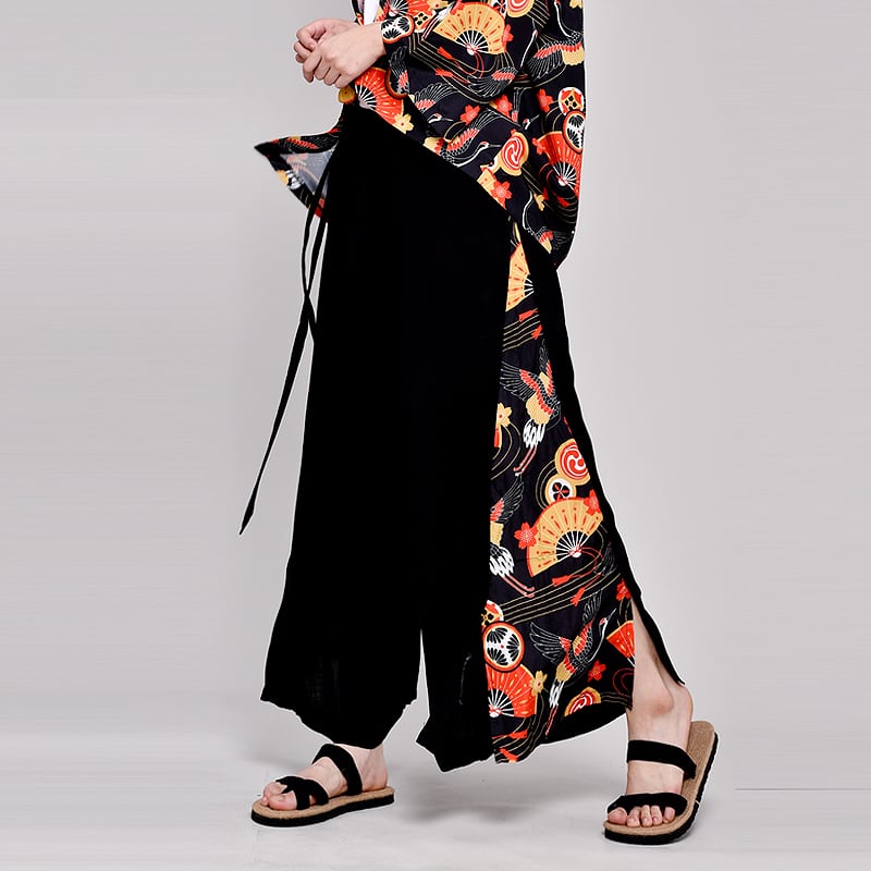 [Mumuki Series] ★Chinese-style pants★ 2 colors, black or white, fan pattern, stylish, gaucho pants, gaucho, casual