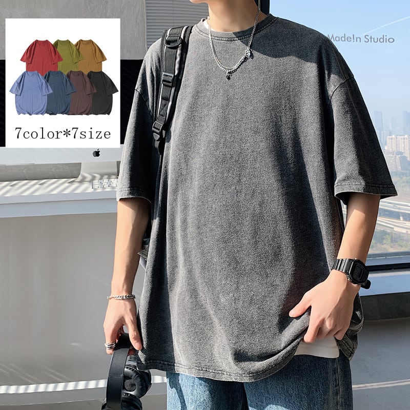 [BIGEMAN Series]★T-shirt★ Tops 7color Unisex Men's Large Size Retro Plain Simple