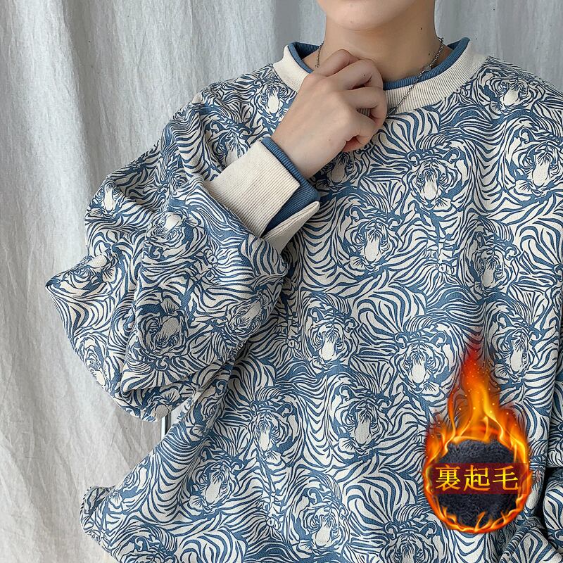 [Tiaota Series] ★Fleece-lined tops★ 2color Blue or Black Unisex Print Floral Pattern Faux Layered