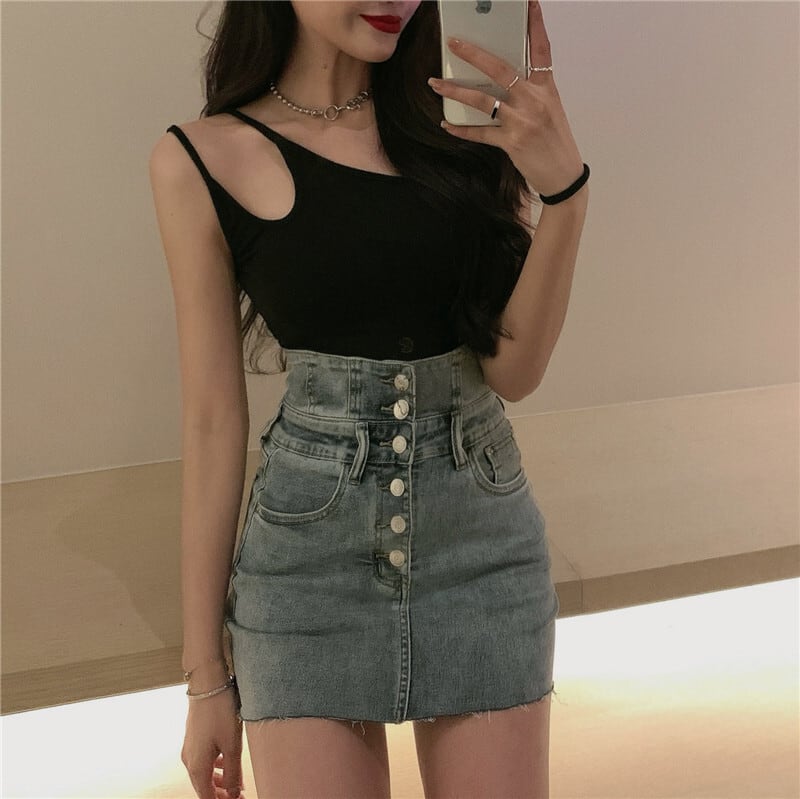 [XJXJ Series] ★Mini Skirt★ Denim Skirt Bottoms 2color Blue or Black Sexy High Waist SML