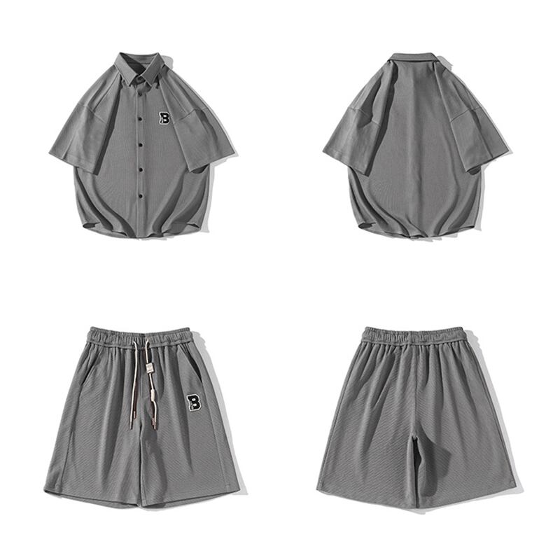 [BIGEMAN Series]★Setup★ Shirt + Shorts 2color Top and Bottom Set Unisex Men's Large Size Gray Black