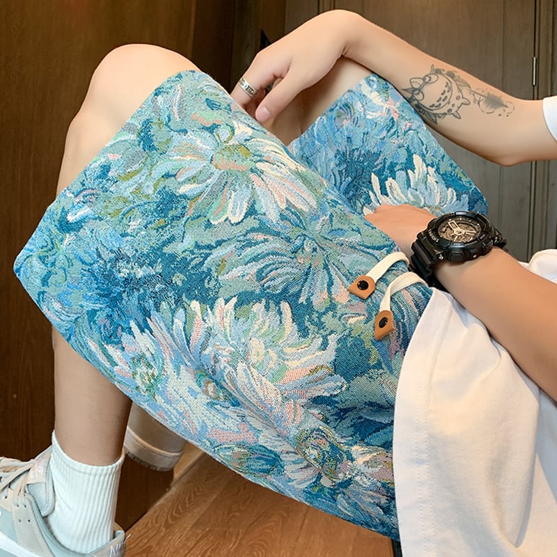 [WRZB Series]★Pants★ Oil Painting Style Shorts Shorts Unisex Men's Blue Blue Large Size