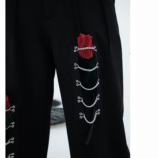 [chicsky---Kurono Series] ★Casual Pants★ Bottoms Black Black Chain Rose SML Slimming Wear