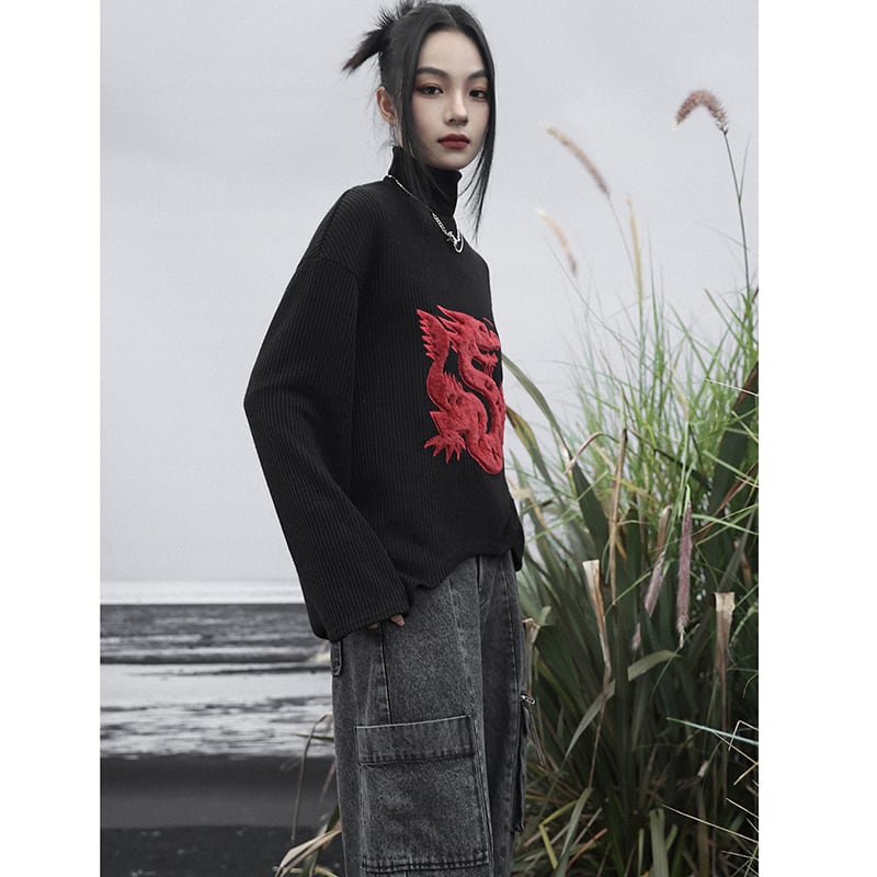 [Big Blue Dragon Series] ★Chinese style sweater★ Knit tops Dragon crest Chinese clothing Black Black Irregular